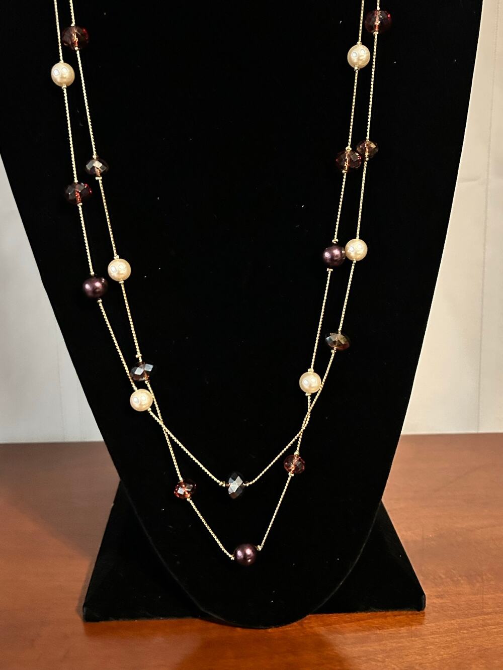 LOFT 36" Multistrand Gold Tone Station Necklace Faux Pearl Purple Brown Beads